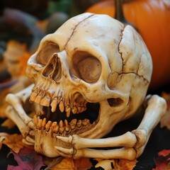 Poster - A detailed skeletal decoration among autumn leaves and pumpkins