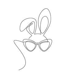 Wall Mural - Hand drawn rabbit in sunglasses. One line continuous drawing illustration. Abstract bunny ears hare linear icon. Outline print, banner, card, poster, brochure, logo, cartoon, sign, symbol, doodle.