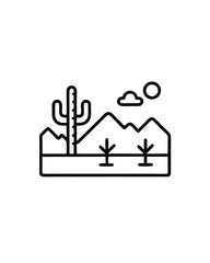 Wall Mural - Editable stroke vector of a desert landscape with a tall cactus, mountains, a sun, a cloud, and three small trees.