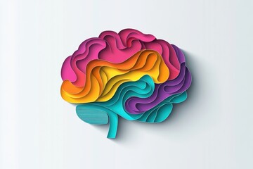 Fototapete - Logo design: a colorful brain made of paper cutouts, with shadows and a light gray background logo that provides mental health support Generative AI