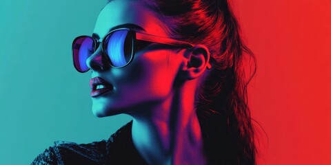 highly stylized portrait, fashion glasses, neon color lighting, halftone patterns, cyberpunk aesthetic, grungy textures, cool tones with red and blue highlights, dramatic makeup, side profile pose, an