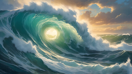 Sticker - Large tube wave in the ocean at sunset or dawn, a large wave in the ocean with sunlight and dramatic cloudy sky