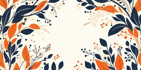 A seamless pattern with abstract botanical elements, vibrant autumn leaves in shades of orange and navy blue, swirling branches, berries and geometric shapes, vintage floral folk art design with a mod