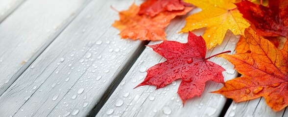 Wall Mural - Colorful autumn leaves with water droplets on a white  wooden table, close-up. Autumn background concept copy space for text