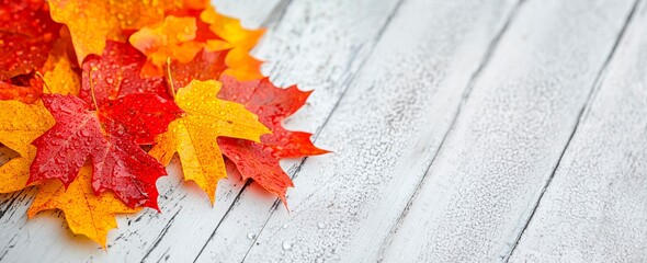 Wall Mural - Colorful autumn leaves with water droplets on a white  wooden table, close-up. Autumn background concept copy space for text