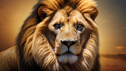 lion in the savanna african wildlife landscape, portrait of a lion