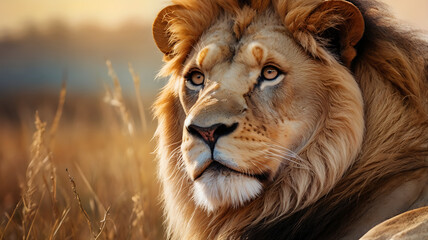 lion in the savanna african wildlife landscape, portrait of a lion