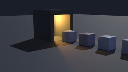 cubes entering an elevator with light shining out in the middle of nowhere