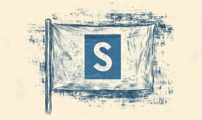 Wall Mural - Line art illustration of a flag representing the letter S featuring a white square with a central blue square in a vintage drawing style