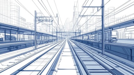 Fototapete - Line art illustration of a railway system in a stylized design