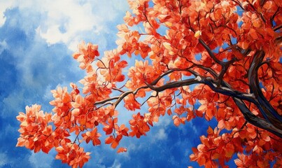 Wall Mural - Oil painting of vibrant maple tree blossoms in spring showcasing the beauty of nature and the charm of the maple tree