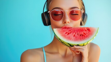 Young woman with headphones eats watermelon. Perfect for summer, music, and food related content.