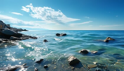 The beautiful coastal scenery, the sparkling sea and rocks form a tranquil natural picture, and there are blue skies and soft white clouds in the distance.