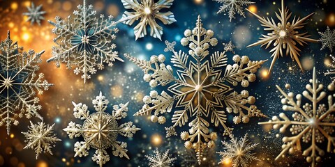 Poster - Beautiful white snowflakes on a blue and orange ombre background with copy space. Perfect for winter, holiday, or seasonal designs.