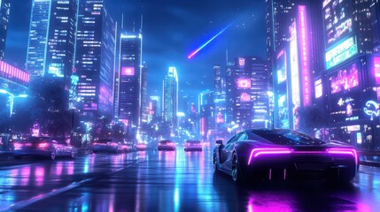 Futuristic cityscape at night featuring neon lights and a sleek car in a vibrant urban environment.