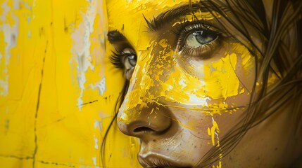 Close-up of a woman's face with paint splattered on it. She is looking to the right, with her hair blowing in the wind. The background is a bright yellow wall.