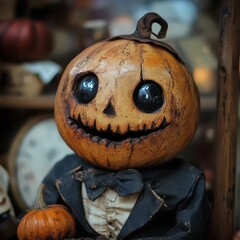 Poster - Enigmatic pumpkin figure dressed in a tuxedo among vintage decorations