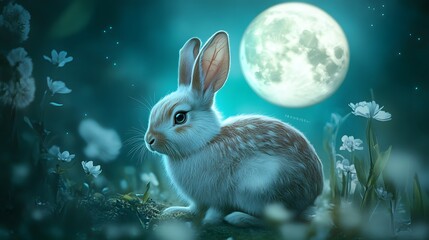 Chinese Zodiac Rabbit with Moon Symbols: A rabbit depicted under a full moon, with lunar symbols and soft, mystical lighting, representing tranquility and reflection.
