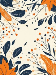 A seamless pattern with abstract botanical elements, vibrant autumn leaves in shades of orange and navy blue, swirling branches, berries and geometric shapes, vintage floral folk art design with a mod