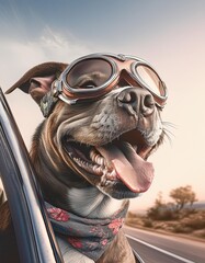 Poster - American staffordshire dog looking ouy of car window