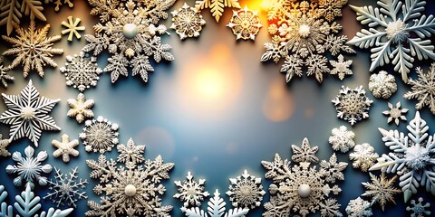 Poster - Beautiful white snowflakes on a blue and orange ombre background with copy space. Perfect for winter, holiday, or seasonal designs.