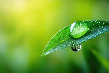 Wall Mural - Water drop on green leaf. Perfect for nature, growth, and sustainability.