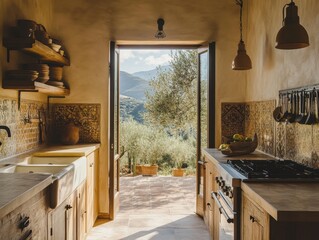 minimalistic vintage bathroom with a modern white bathtub in a spanish farm house style with artisanal foreset green spanish tiles over the sink