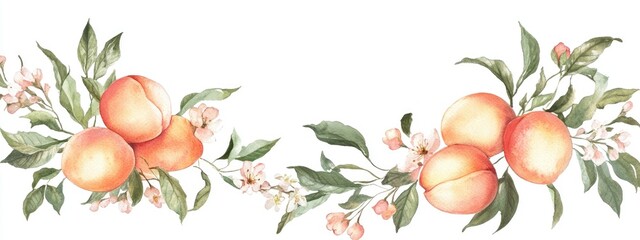 Captivating Watercolor Peaches and Blossoms: A Delightful Botanical Arrangement