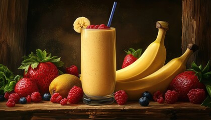 Wall Mural - Oil painting depicting a banana smoothie surrounded by fresh fruits on a rustic wooden backdrop