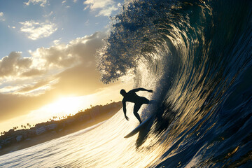 Wall Mural - Silhouette of a surfer riding a wave at sunset.