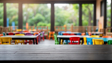 Wall Mural - The empty black wooden table top with blur background of kindergarten