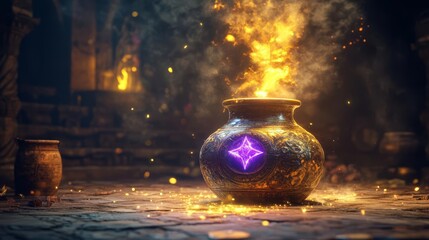 mystical glowing cauldron emitting magical sparks in an ancient chamber, enveloped in an aura of mys