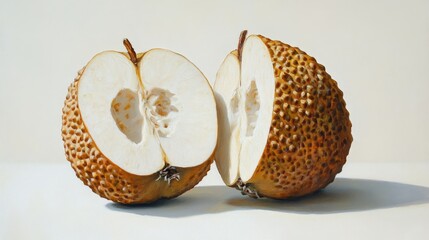 Close up oil painting of two halved custard apples isolated on a white background