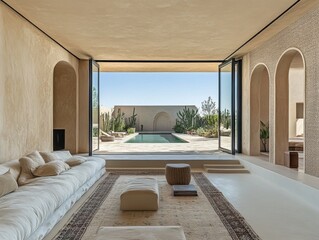 Wall Mural - minimalistic moroccan living room with moroccan architecture overlooking a garden with blue skies and a swimming pool in the old medina of marrakech