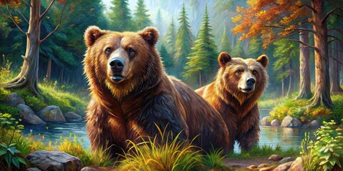 Vibrant oil paintings of majestic brown bears in serene forest landscapes, with rich colors and textured brushstrokes evoking a sense of wildness and tranquility.