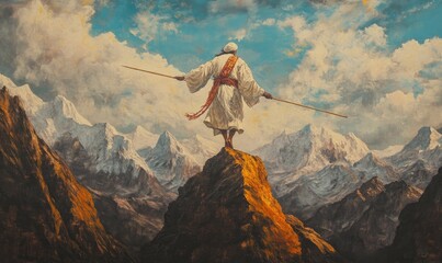 Oil painting depicting Santa Anna on a skewer against a mountainous backdrop showcasing traditional artistry and religious themes