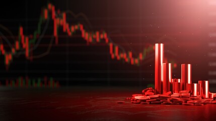 Poster - A collection of red graph bars stands prominently over a pile of coins, symbolizing rising trends in financial markets. The dark background enhances the focus on market performance