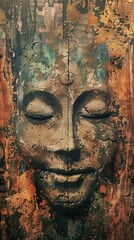 A serene, carved wooden face of Buddha, with a gentle smile and eyes closed, against a textured background.