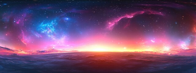 Aufkleber - 360 degree space background with nebula and stars depicted in a 3D cartoon rendering featuring equirectangular projection and an HDRI spherical panorama