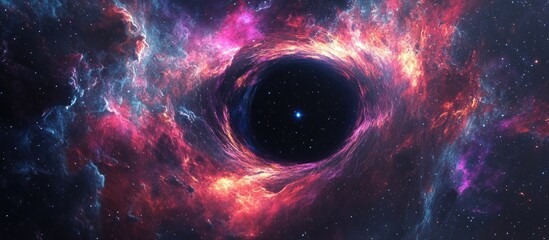Poster - Stars and material fall into a black hole in this 3D cartoon rendering An abstract space wallpaper featuring a black hole surrounded by a nebula colorful stars and cloud fields in outer space