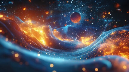 Wall Mural - Abstract background featuring shiny space elements futuristic shapes and wave illustrations depicting an explosion of stars and distant planets in a solar system 3D cartoon rendering