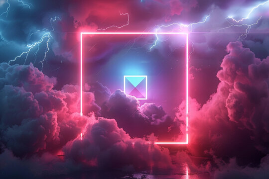 A 3D render of an abstract minimal background featuring a pink-blue neon light square frame with ample copy space, framed by illuminated stormy clouds and a glowing geometric shape in the center.