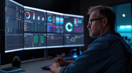 A focused data analyst reviews complex charts and graphs on multiple monitors, analyzing key performance indicators in a dimly lit office environment at night