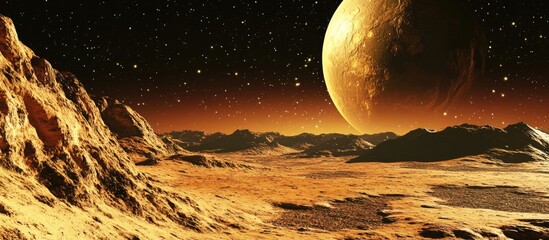 Aufkleber - View from an alien planet featuring its own natural satellite in the background Sci fi concept fantasy 3D cartoon rendering 3D illustration