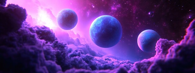 Poster - Unexplored planets in faraway space depicted in a high resolution 3D cartoon rendering perfect for science fiction fantasy enthusiasts and ideal for wallpaper and print
