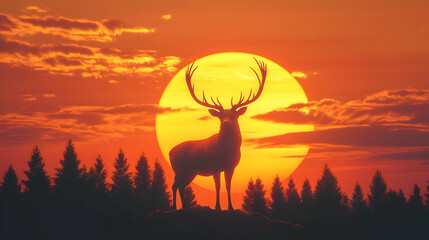 Wall Mural - Majestic deer silhouette against a fiery sunset.