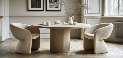 A Minimalist Moment Two fluffy chairs flanking a wooden table bathed in soft light capturing a serene and inviting aesthetic