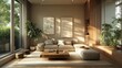 © Lamina - elegant living room with a large sectional sofa, modern decor, lush indoor plants, and ample natural light flooding through large windows, creating a cozy and chic ambiance.