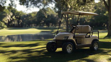 Wall Mural - Golf cart parked on a lush green golf course with a scenic backdrop.