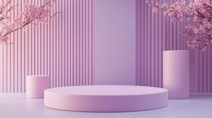 Poster - Modern pink and purple cylindrical podiums with decorative elements in a cartoon style 3D rendering
